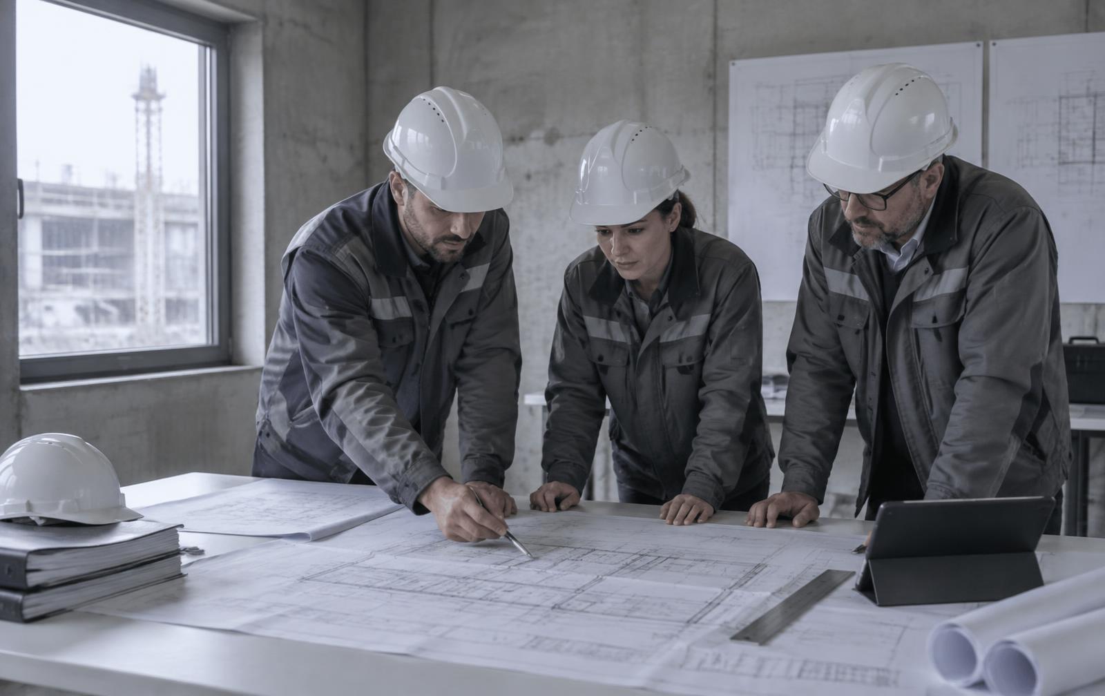 Engineers reviewing technical drawings