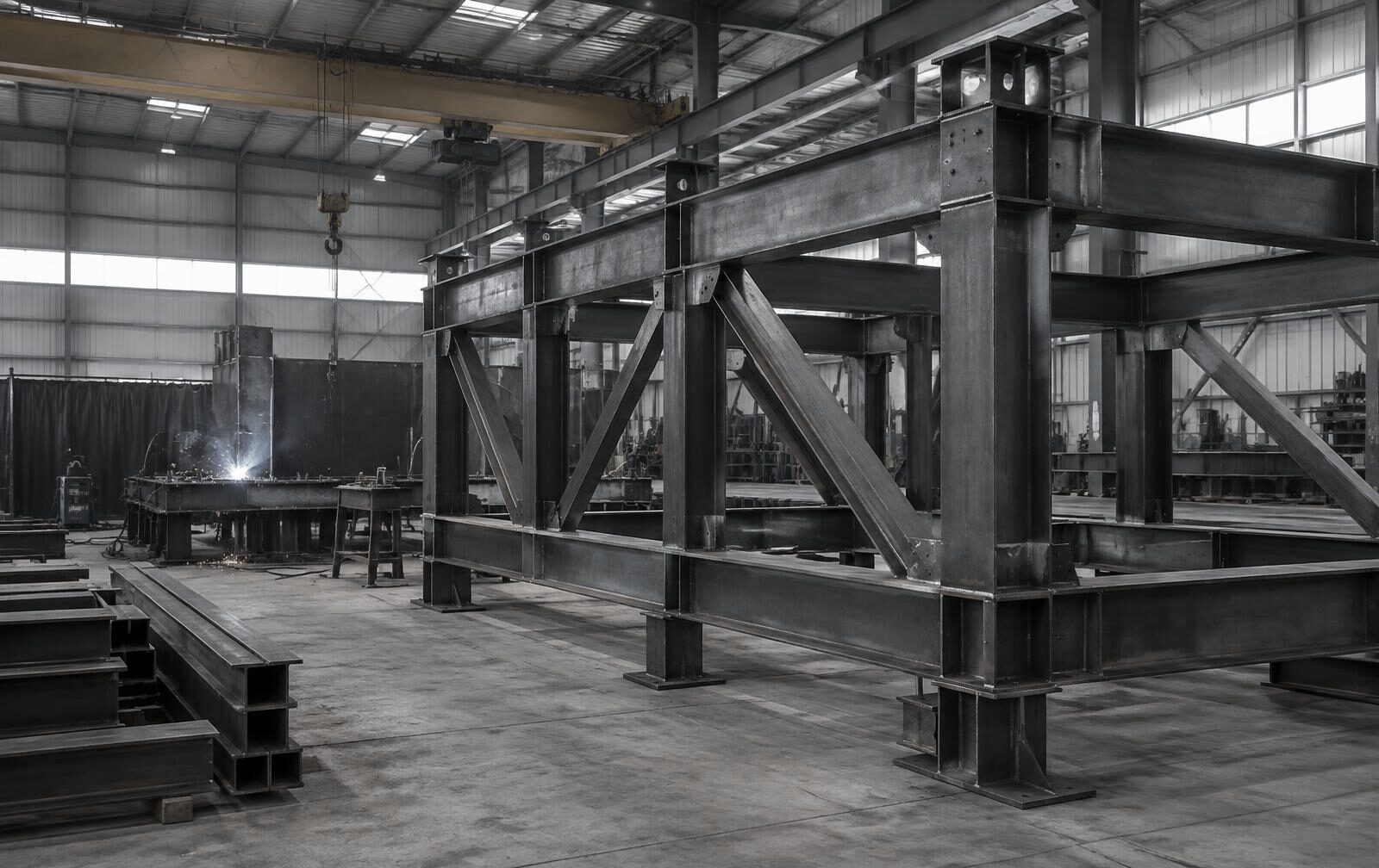 Structural steel construction in a fabrication workshop